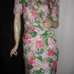 Maggy London,pure silk,pastel florals,purple,pink,faux wrap dress,draped,UNIQUE